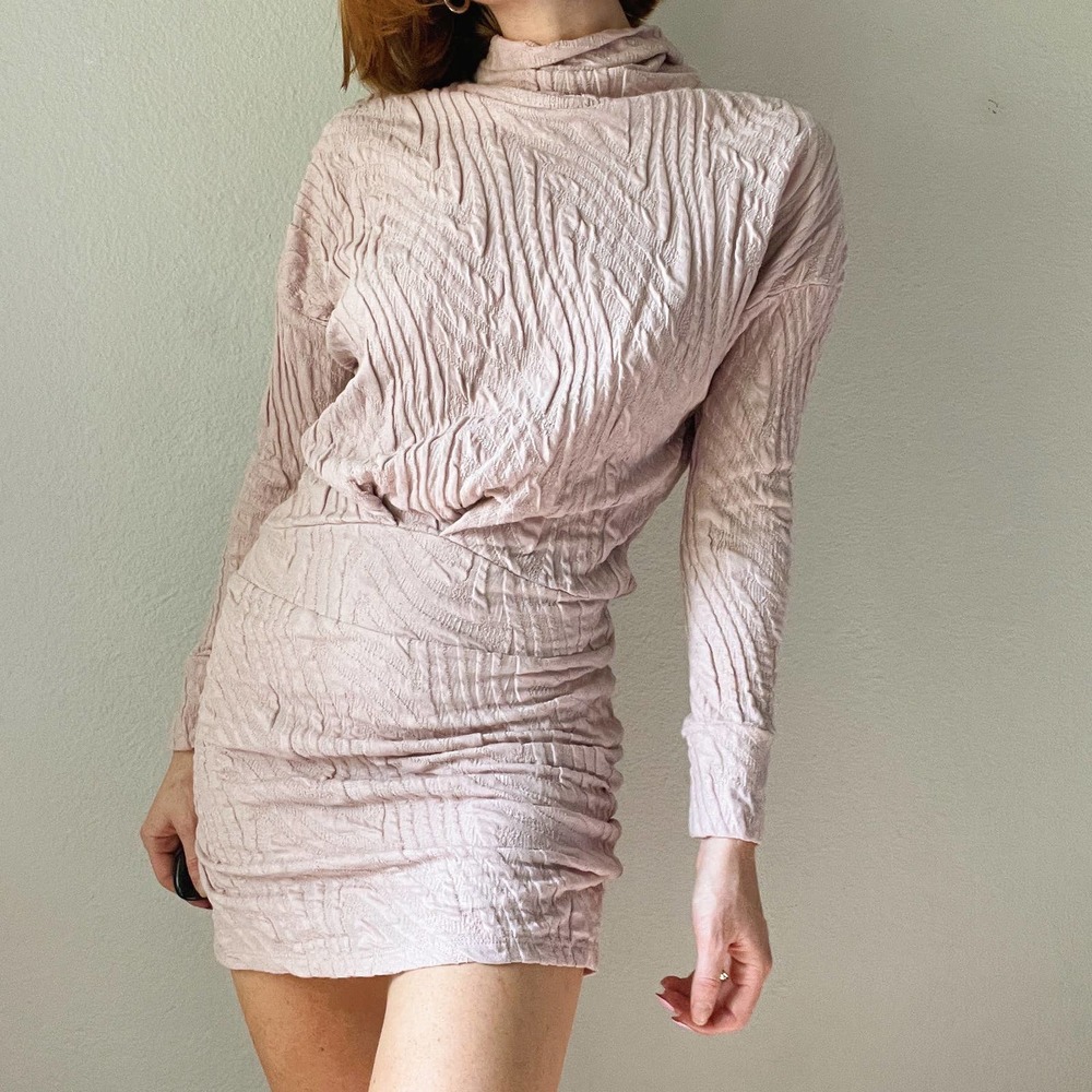 Free People Dusty Pink Textured Long Sleeve Mock Neck Mini Dress